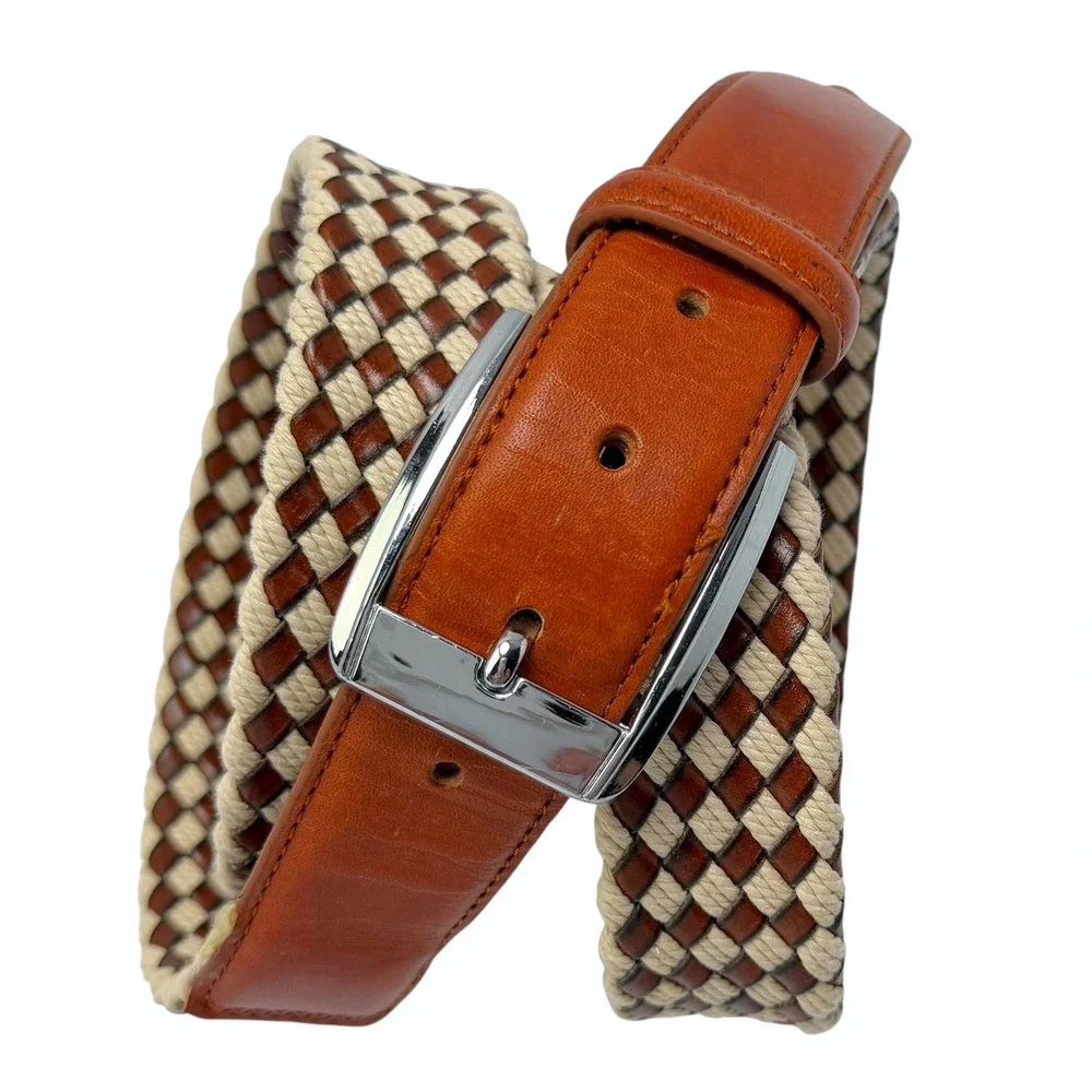 Beverly Hills Polo Club Braided Leather Belt Mens 42 Woven Brown Cream Rope